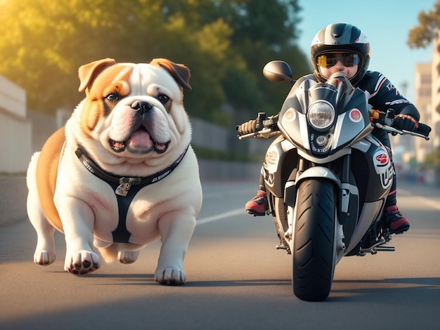 Um homem andando de moto ao lado de um bulldog