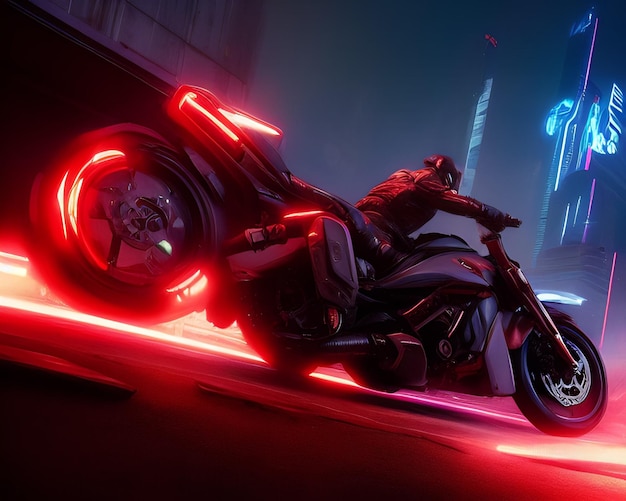 Um homem andando de moto em uma cidade neon.