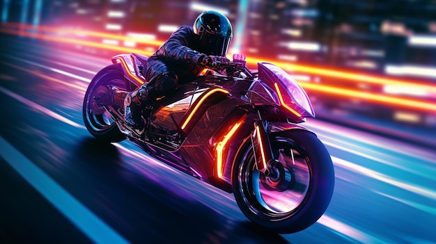 Um homem andando de moto em uma rua da cidade com luzes de neon.