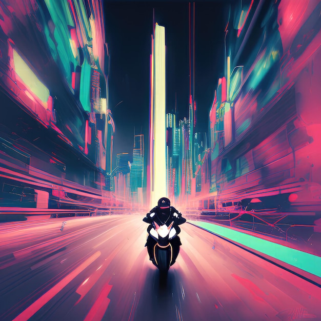 Um homem andando de moto em uma rua da cidade com uma placa de néon que diz 'speed racer'