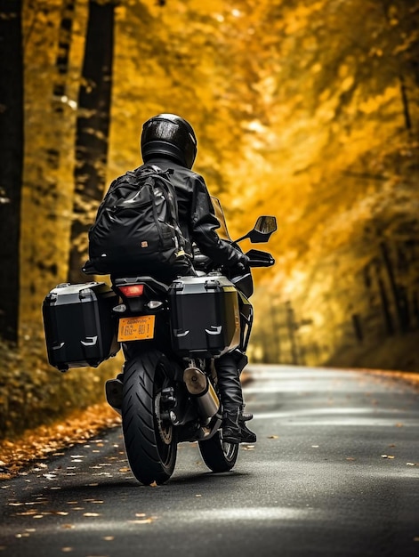 um homem andando de moto por uma estrada na floresta