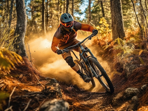 Um homem andando de mountain bike na floresta com a palavra mtb na frente