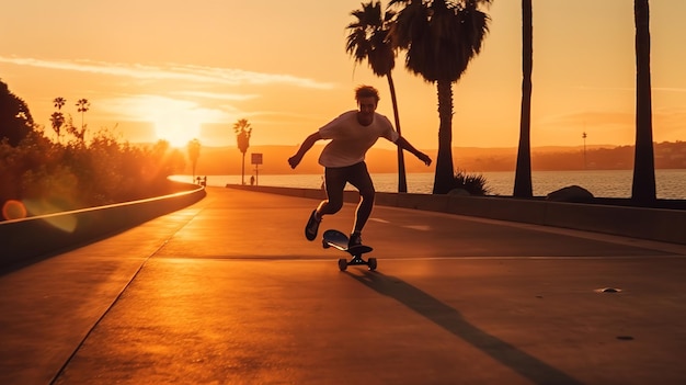 Foto um homem andando de skate em uma estrada ao pôr do sol.