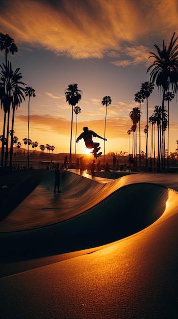 um homem andando de skate em uma rampa ao pôr do sol.