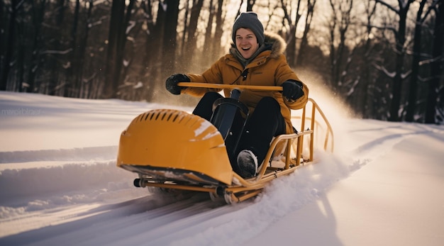 um homem andando de trenó na neve com equipamento de segurança no estilo de lente olho de peixe energia juvenil