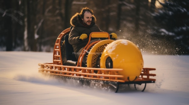 Foto um homem andando de trenó na neve com equipamento de segurança no estilo de lente olho de peixe energia juvenil