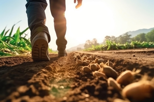 Um homem andando em um campo de plantio no nascer do sol da manhã