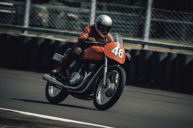 Um homem andando em uma motocicleta clássica com o número 46 na frente