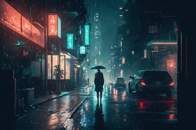 Um homem andando na chuva com um guarda-chuva