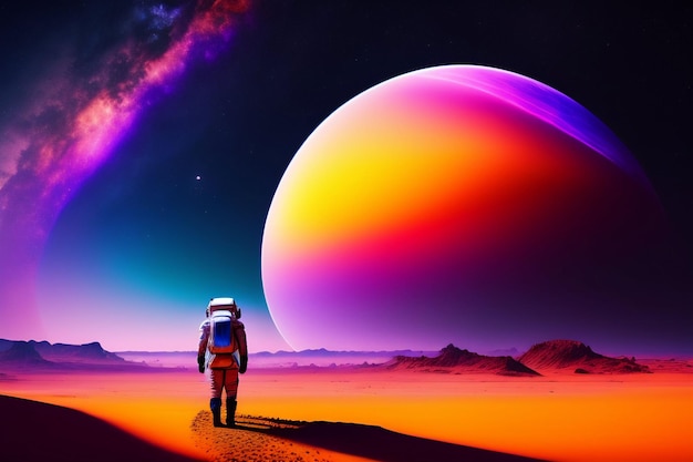 Um homem andando na frente de um planeta com um planeta ao fundo