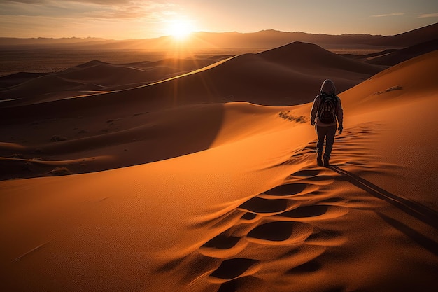 Um homem andando no deserto com o sol se pondo atrás dele