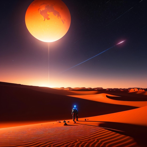 Um homem andando no deserto com uma lua ao fundo