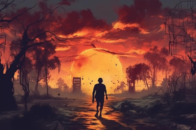 Um homem andando por uma estrada em frente a um pôr do sol.