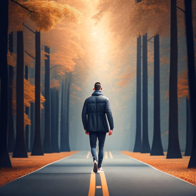 Um homem andando por uma estrada em uma floresta