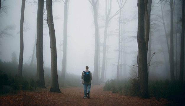 Um homem andando por uma floresta nebulosa