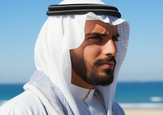 Um homem árabe em trajes tradicionais está em uma praia