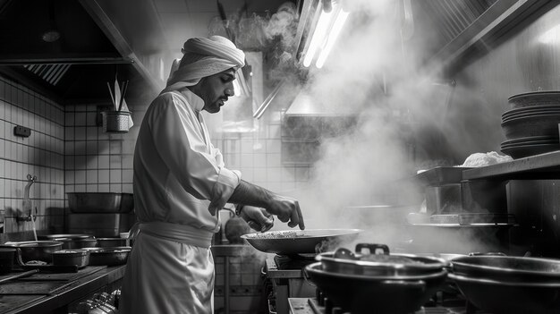 Foto um homem árabe preparando refeições na cozinha no estilo de nick veasey retrato de mídia social adri