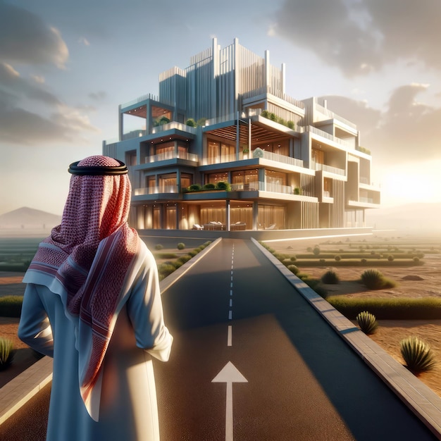 Um homem árabe saudita olha para o futuro do imóvel no Reino investimento imobiliário