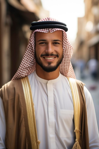 Um homem árabe sorrindo para a câmera