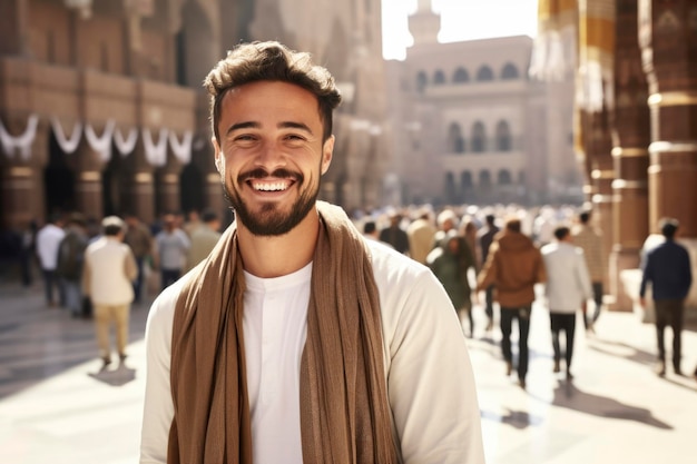 Um homem árabe sorrindo para a câmera