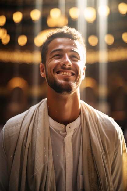 Um homem árabe sorrindo para a câmera