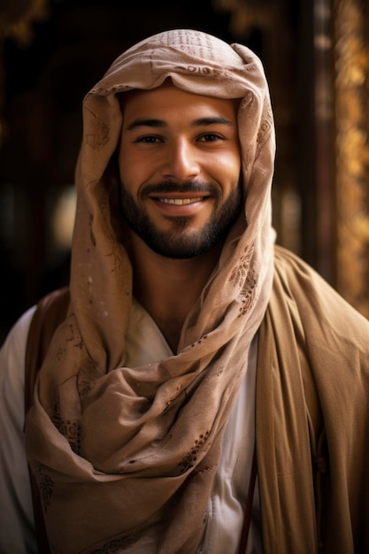 Um homem árabe sorrindo para a câmera