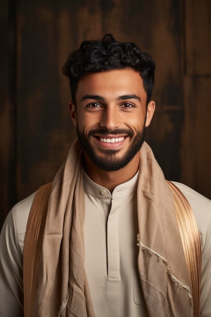 Um homem árabe sorrindo para a câmera