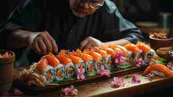 Foto um homem asiático está preparando sushi em uma mesa de madeira