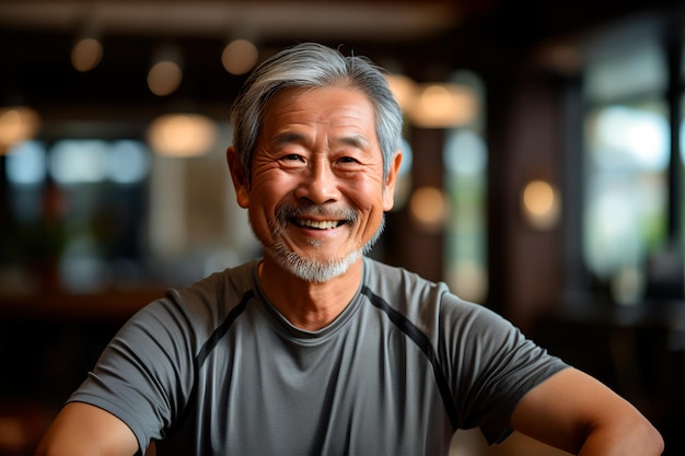 um homem asiático idoso alegre sorrindo amplamente em um ambiente casual exalando felicidade e contentamento