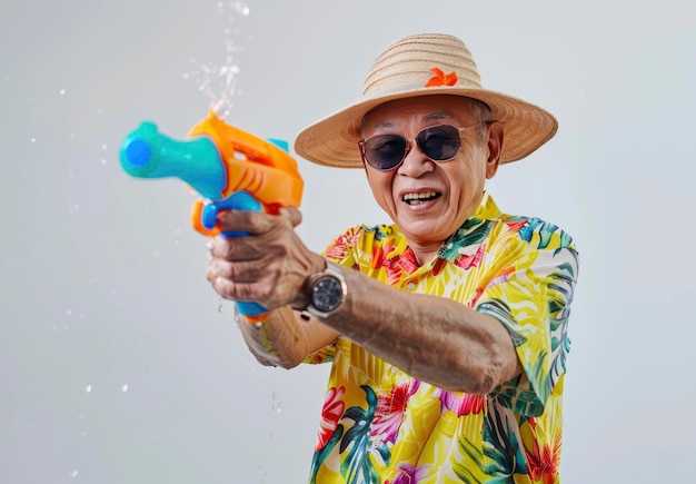 Um homem asiático idoso feliz no verão de pé em um fundo branco com óculos de sol de canhão de água e um chapéu