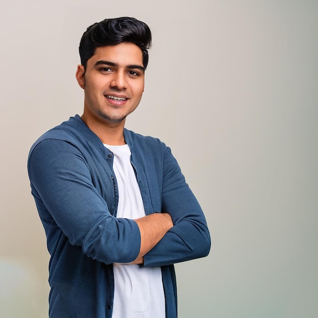 Um homem asiático jovem e atraente olhando para a câmera com os braços cruzados e uma expressão feliz