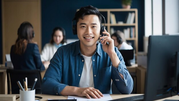 Um homem asiático sorridente e bonito usando fones de ouvido trabalhando em um call center como operador de serviço ao cliente.