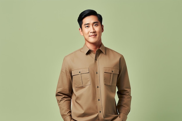 Um homem asiático vestindo roupas da moda
