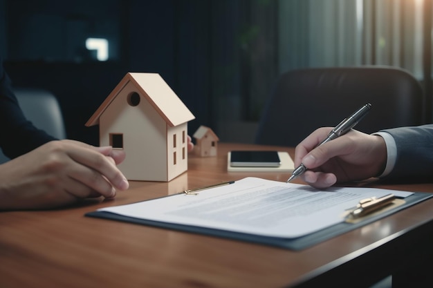 Um homem assinando um contrato com uma caneta e um modelo de casa na mesa.