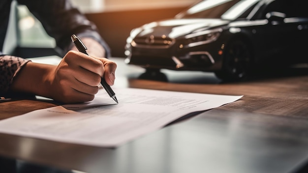 Um homem assinando um documento com um carro ao fundo