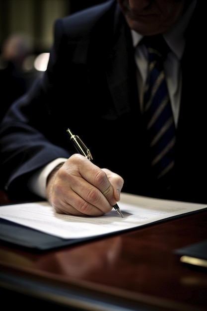 Um homem assinando um documento com uma caneta