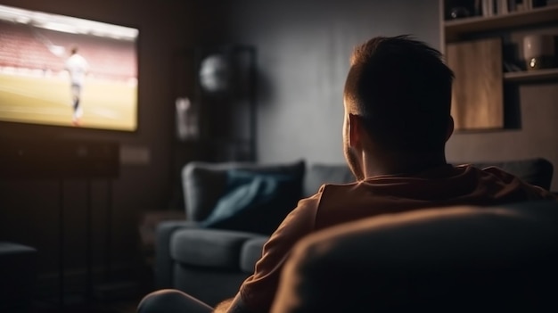 Foto um homem assistindo a um jogo em uma tv em um quarto escuro.