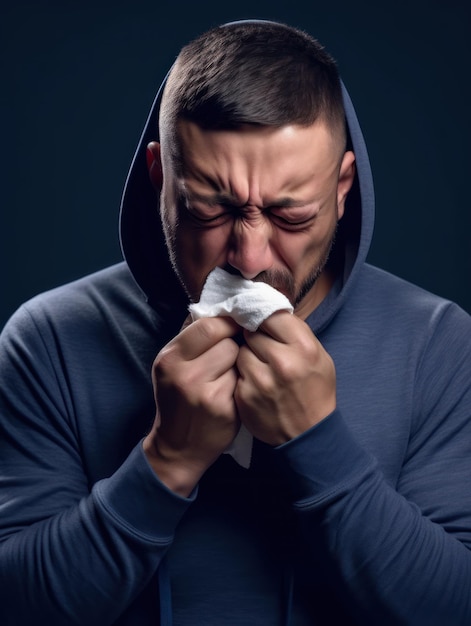 Um homem assoando o nariz com um lenço de papel.