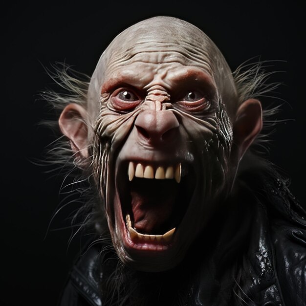 Foto um homem assustador com uma boca falsa que diz yak
