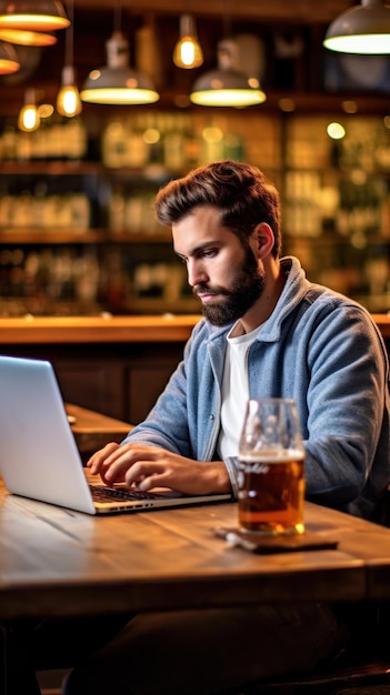 um homem barbudo está sentado em um bar com um laptop e um copo de cerveja.