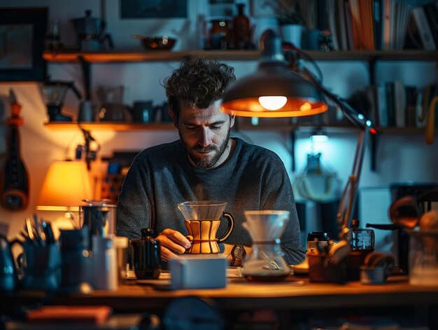 Foto um homem barbudo fazendo café à noite