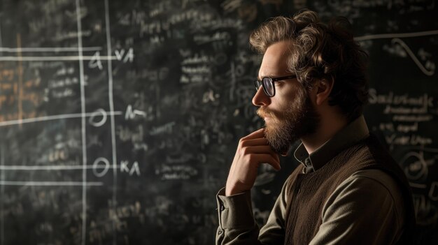 Foto um homem barbudo ponderando na frente de um quadro cheio de equações