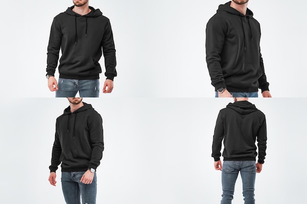 Um homem barbudo usa um capuz escuro Mockup de roupas de rua para impressão de logotipo e publicidade Lado dianteiro e traseiro vista traseira de homens capuz suéter anúncio