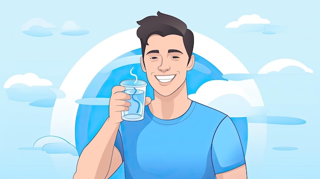 Um homem bebendo um copo de água com um rosto feliz Beba mais Conceito de estilo de vida e saúde da água Desenhado à mão em ilustrações de estilo de linha fina