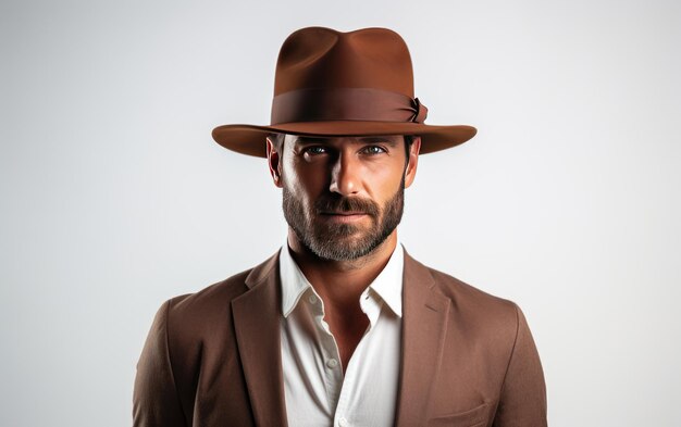 Um homem bem vestido segura um chapéu Fedora clássico com sofisticação intemporal