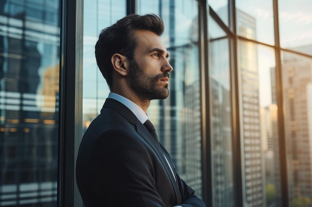 Um homem bem vestido vestindo um terno está confiantemente em frente a uma grande janela empresário pensativo olhando para fora da janela de um escritório de arranha-céus AI gerado