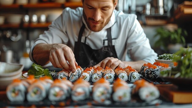 Foto um homem blogueiro filma a si mesmo em uma câmera de telefone enquanto prepara uma ilustração de sushi gerada por ia