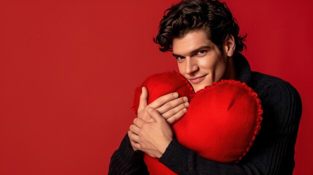 Foto um homem bonito abraçando um grande estúdio de coração vermelho macio contra um fundo vermelho simples