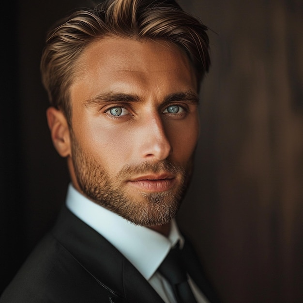 um homem bonito com olhos azuis e um fato elegante olhando para a câmera
