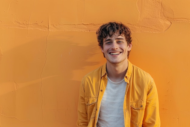 Foto um homem bonito e alegre de pé contra um fundo laranja.